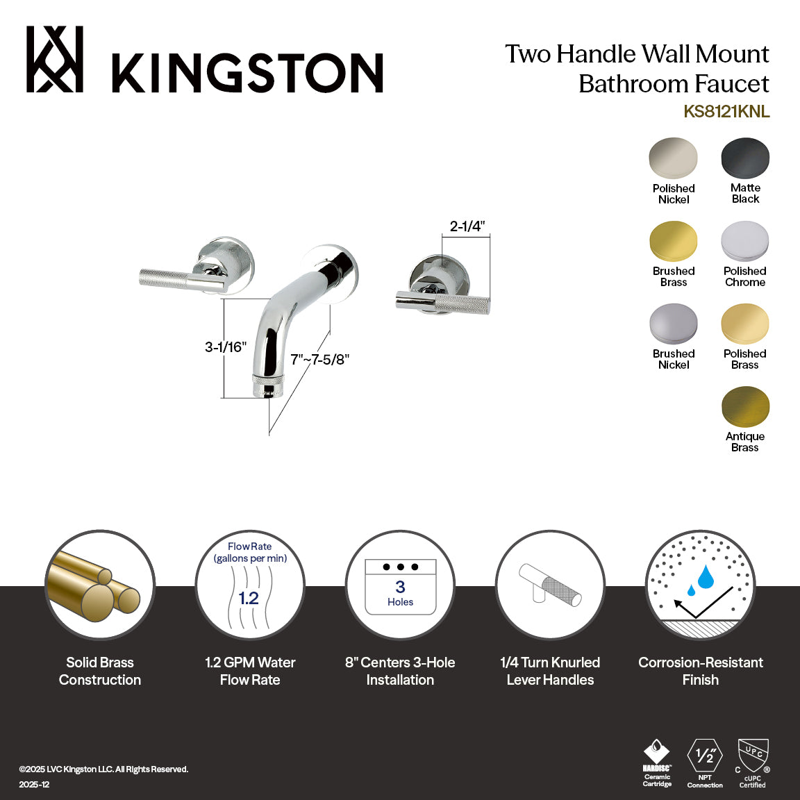 Kingston Sona KS8128KNL - Convergent Double-Handle 3-Hole Wall Mount Bathroom Faucet with Knurled Handle, Brushed Nickel — thumbnail 2